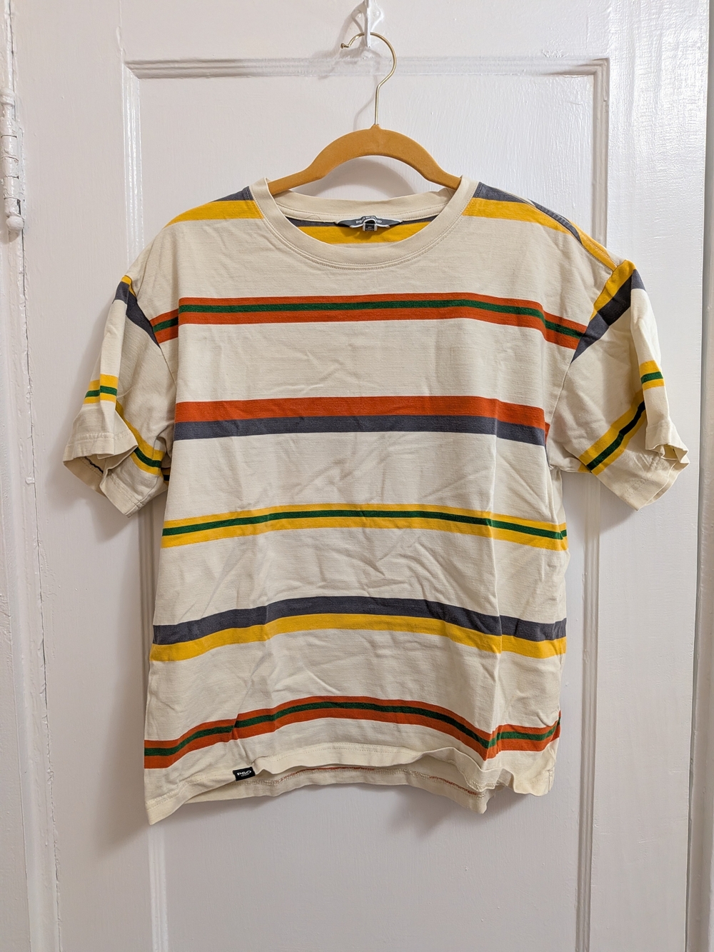 Men's Cream Striped Crewneck T-Shirt with Yellow & Green Accent